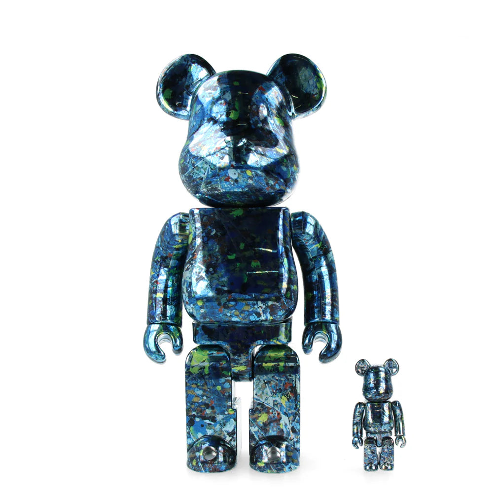 Set de 2 Bearbrick Jackson Pollock 100% + 400% - Chrome - type dripping -  par Medicom Toy