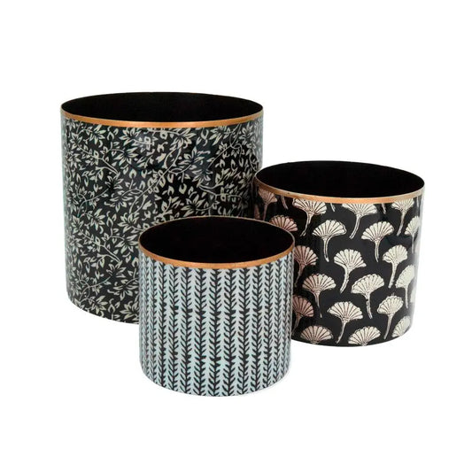 Set de 3 cache-pots noir et blanc Boncoeurs - 3 formats en fer émaillé